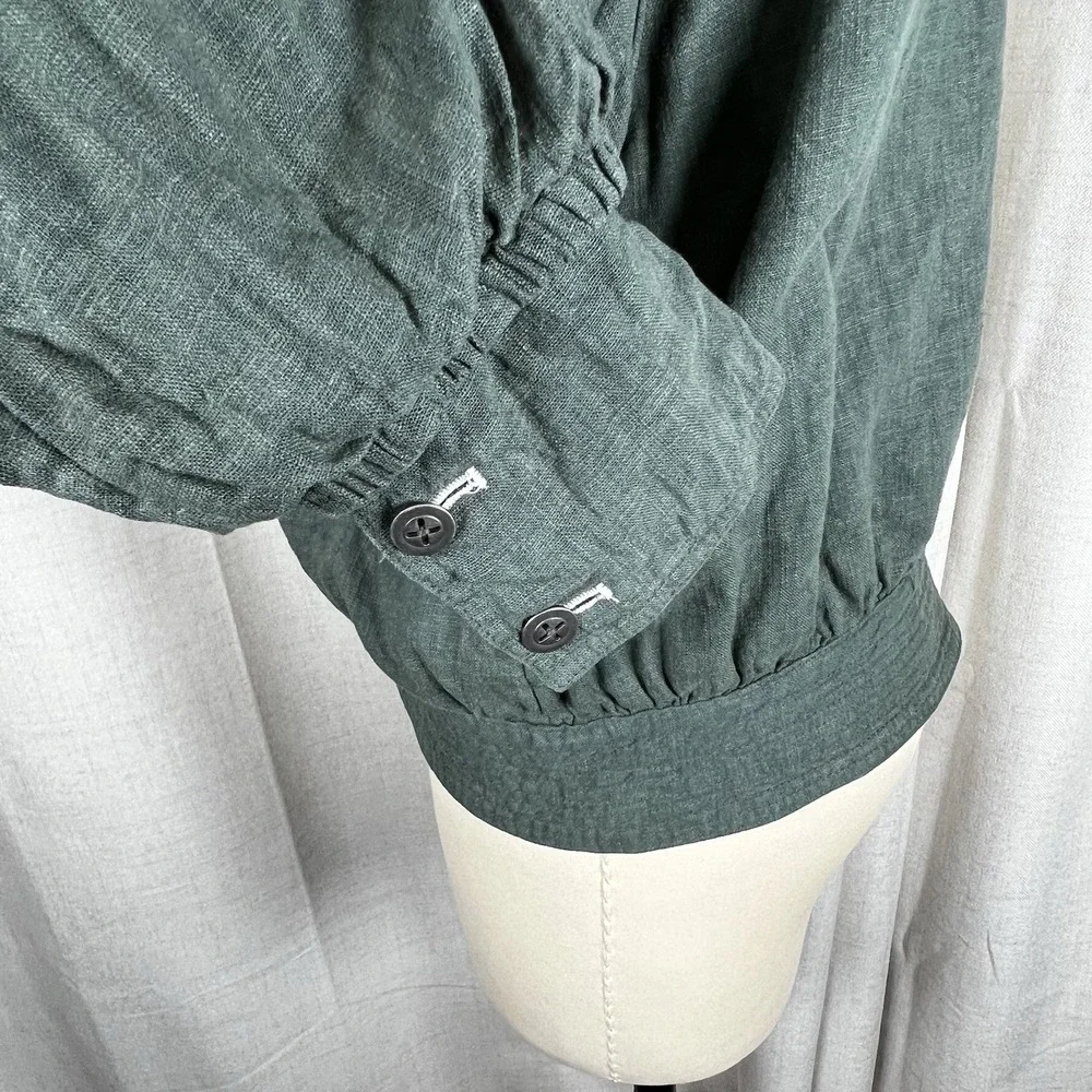 Free People Medium Billy Saddle Linen Blend Button Up‎ Green Crop Jacket Pockets
